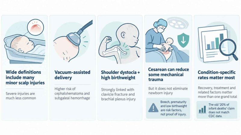 Five-panel infographic explaining minor scalp injuries, vacuum-assisted delivery risks, shoulder injuries, cesarean delivery and birth injury statistics.