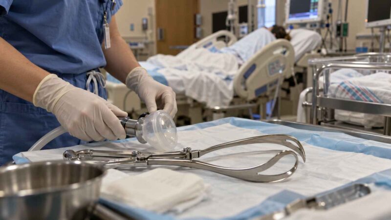 Healthcare worker preparing a vacuum extractor beside obstetric forceps in a hospital delivery room.
