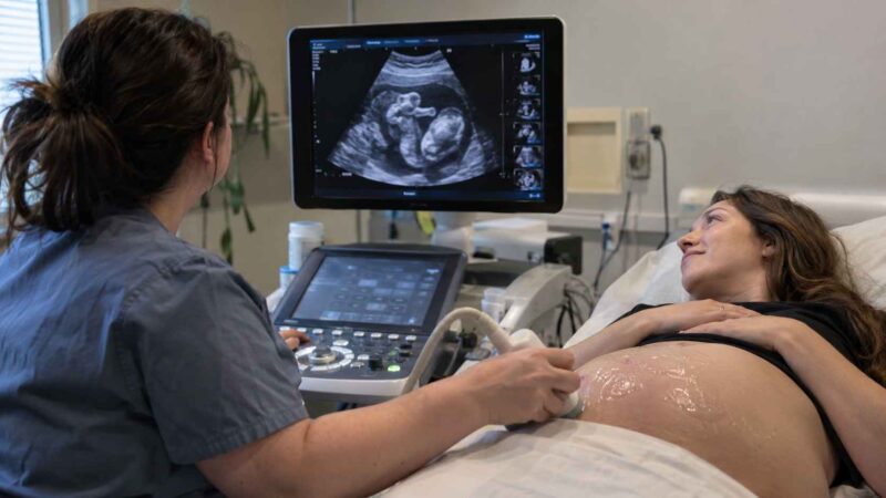 Pregnant woman undergoing an ultrasound examination while a clinician checks the baby's position on a monitor.