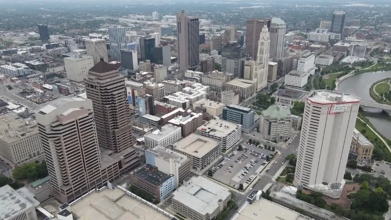 Aerial View of Downtown Columbus, Highlighting the Cityscape with Buildings and Streets, Relevant to Columbus Population