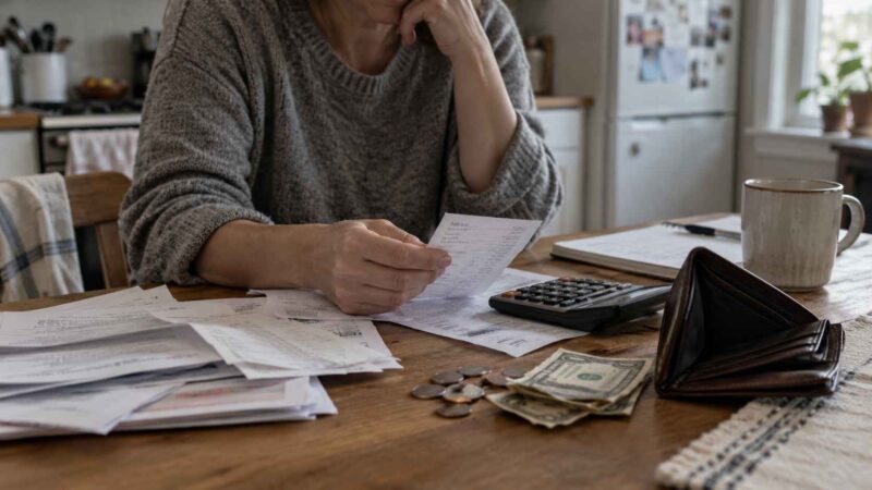 Person reviewing bills with cash, coins, calculator and an nearly empty wallet
