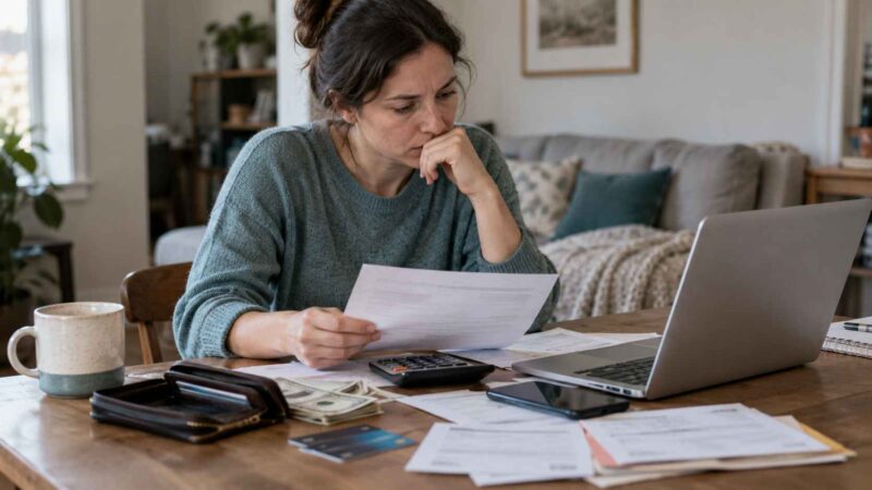 Woman reviewing household bills, cash, credit cards and savings at home