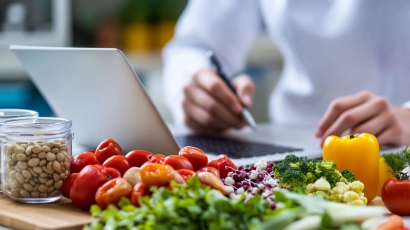 An Individual Works on A Laptop Surrounded by Fresh Vegetables and Legumes, Representing Data Collection and Research Related to Nutrition