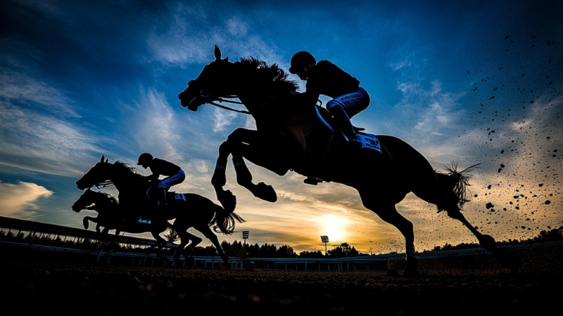 Jockeys Racing at Sunset, Highlighting the Physical and Mental Challenges of The Sport