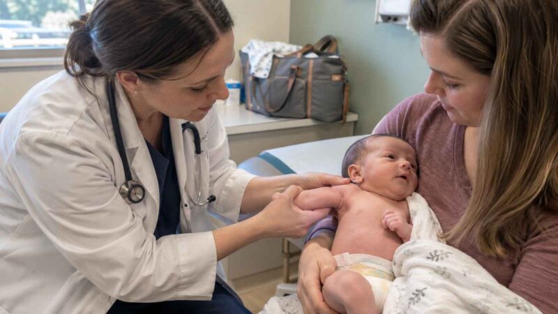Pediatrician gently examining a newborn's shoulder while the mother holds the baby in a clinic.