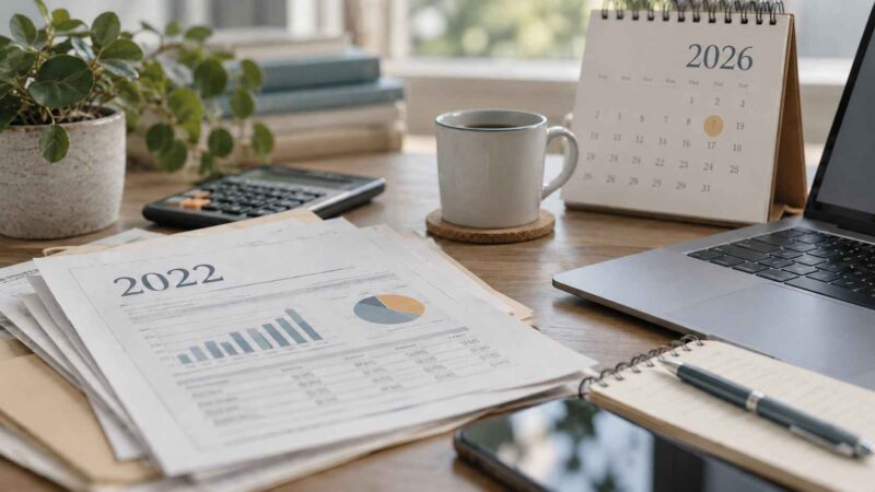 2022 financial report beside a 2026 calendar and laptop