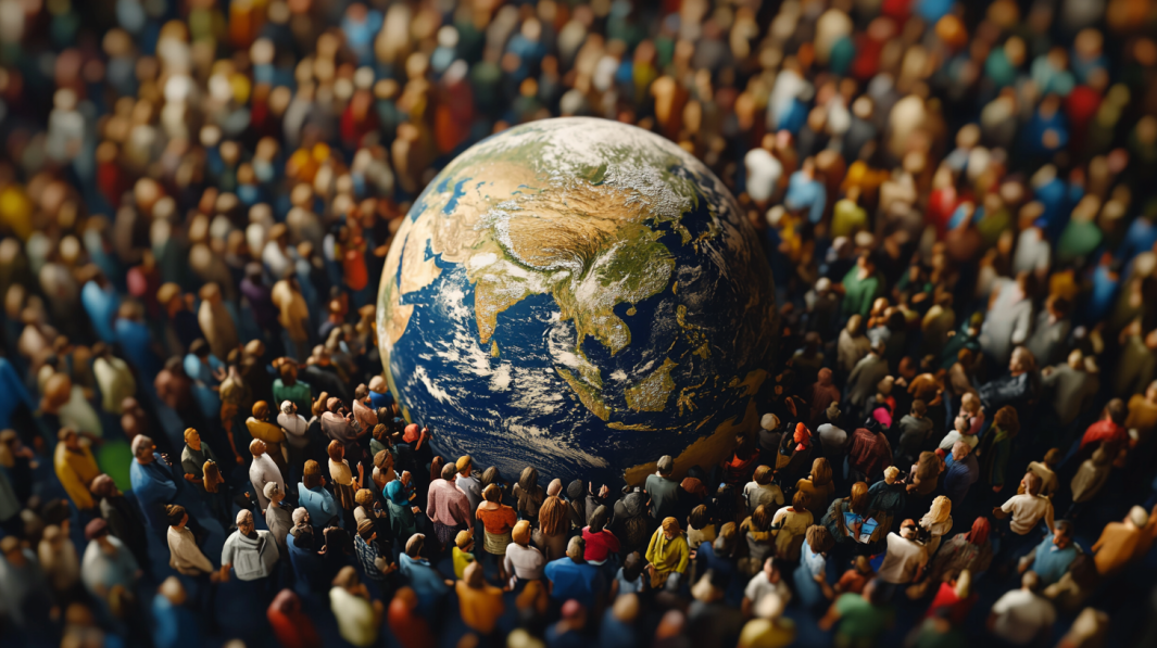 The Image Shows a Large Crowd Surrounding a Globe, Illustrating the Growth of The World Population