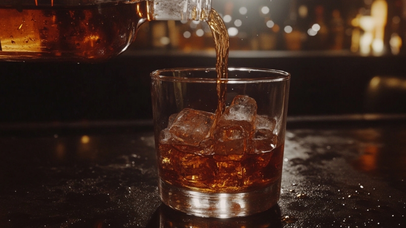 A Glass of Dark Liquor with Ice Cubes Being Poured from A Bottle in A Dimly Lit Bar