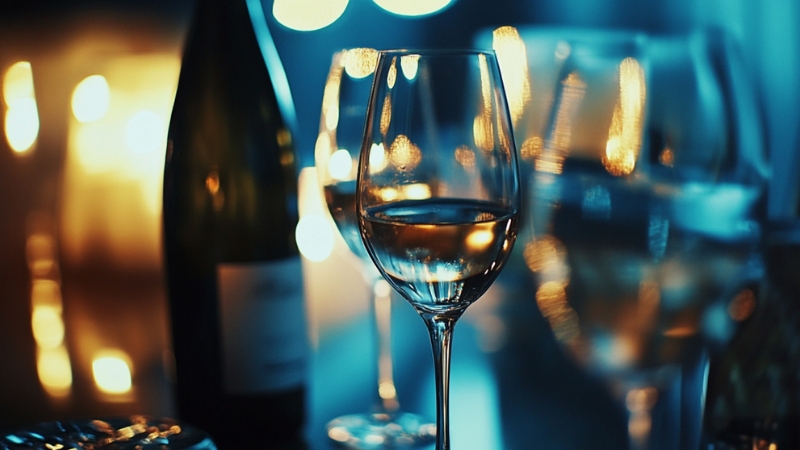 A Close-Up of Wine Glasses Filled with White Wine and A Wine Bottle in The Background