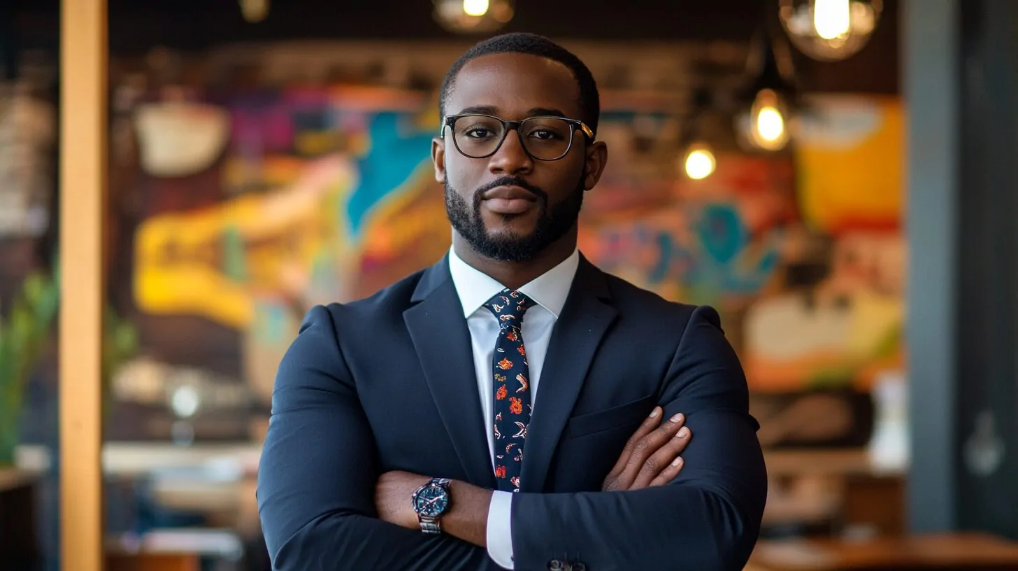 A professional Black man in a tailored suit and glasses stands confidently with arms crossed in a stylish, modern setting.