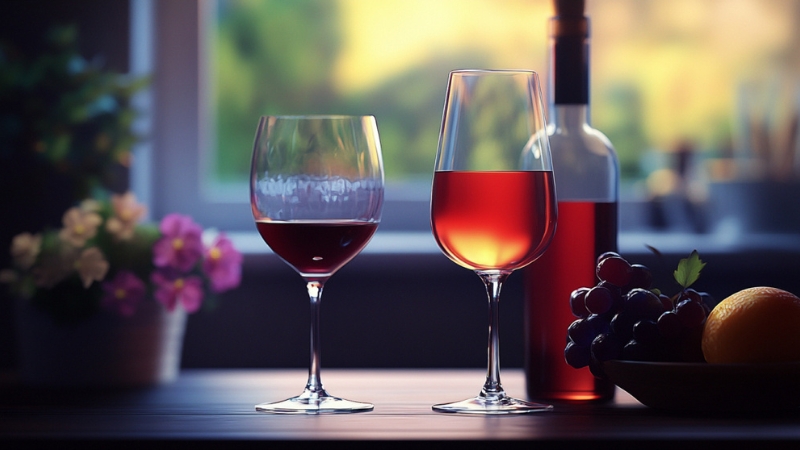 A Bottle of Wine with Two Glasses of Red Wine, Accompanied by Grapes and An Orange