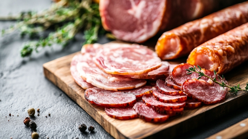 Sliced Bacon, Sausages, and Deli Meats Displayed on A Wooden Board