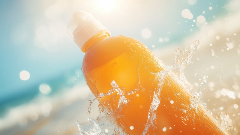 A Bottle of Sunscreen in The Water with Sunlight in The Background