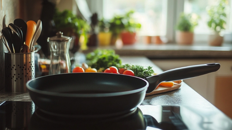 A Non-Stick Frying Pan on A Kitchen Stove with Utensils and Fresh Ingredients in The Background