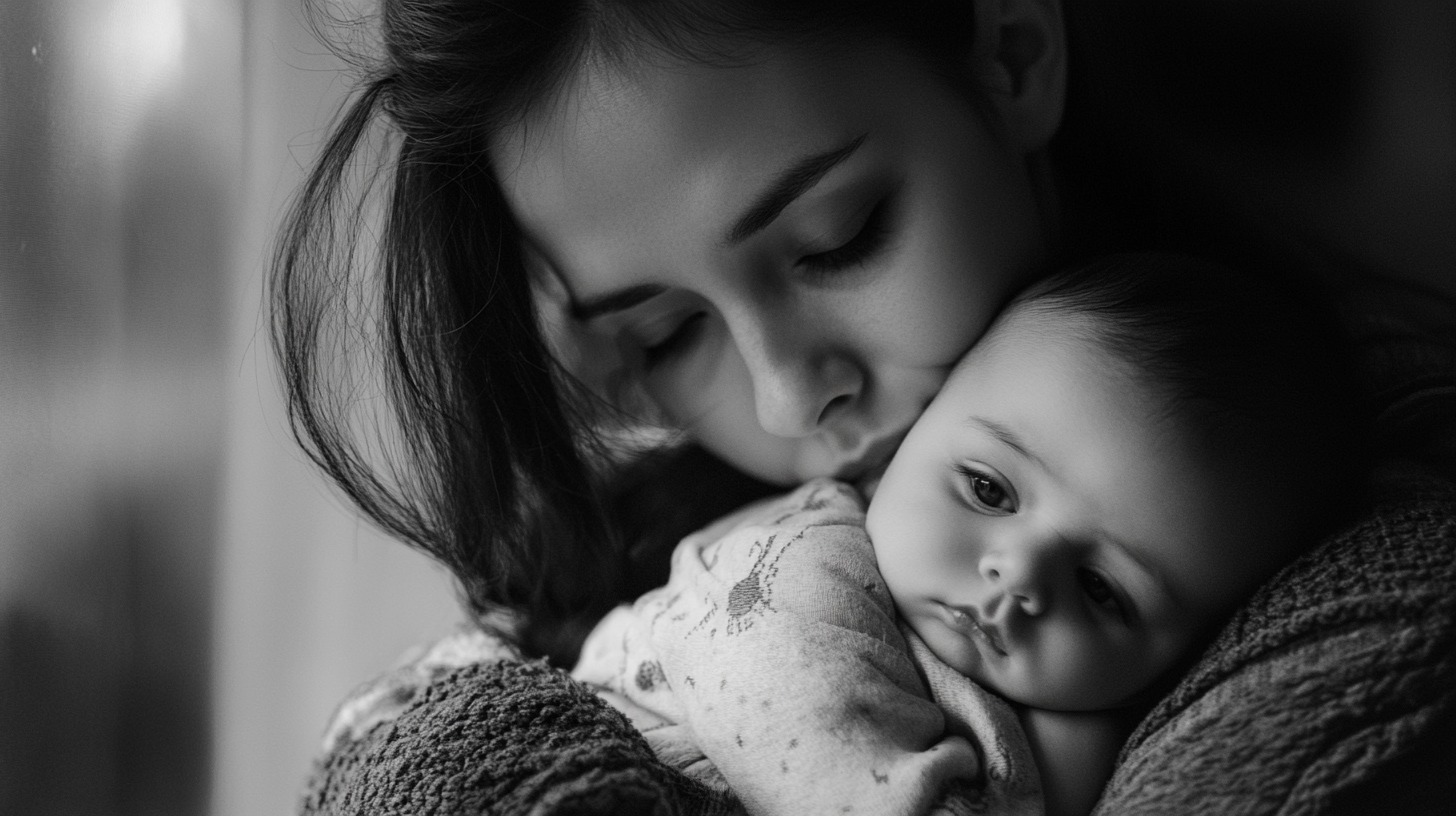 A black-and-white image of a mother gently holding and kissing her baby, who looks away with a calm expression