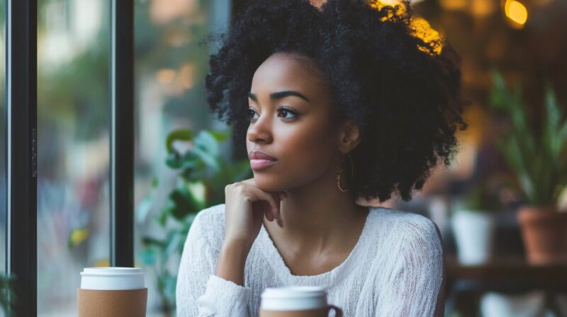 A young woman with curly hair gazes out of a café window, deep in thought, with two coffee cups on the table