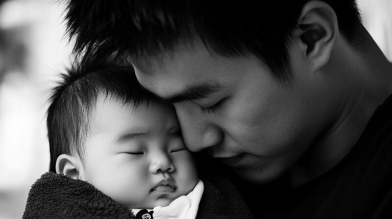 Black-and-white image of a father gently holding and resting his forehead against his sleeping baby