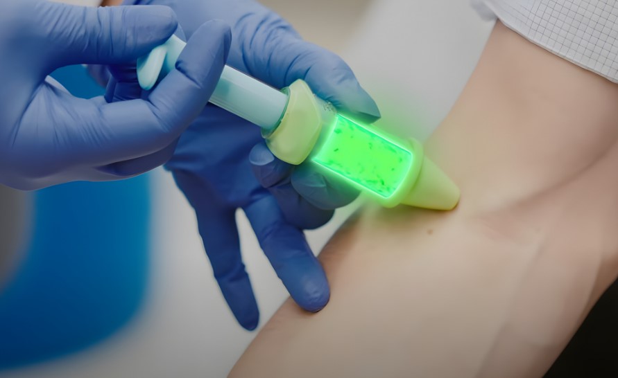 A medical professional applies a device emitting a vibrant green light to a patient's skin