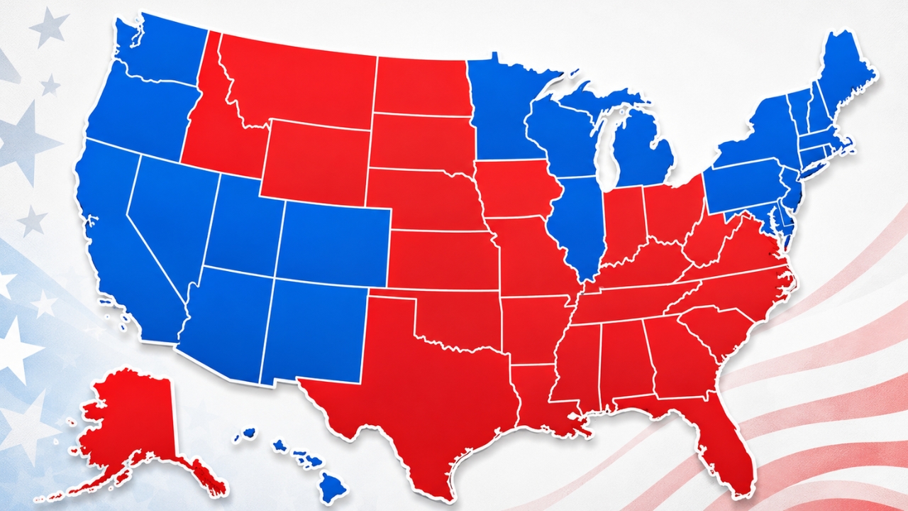 A U.S. map shows red and blue states against a patriotic background