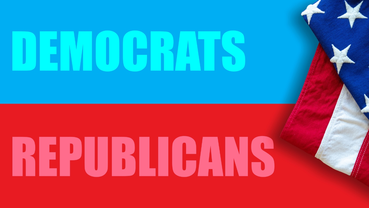 A red and blue political graphic shows Democrats and Republicans beside a folded American flag