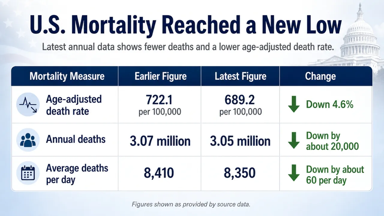 Infographic shows lower U.S. mortality rates, annual deaths, and average daily deaths