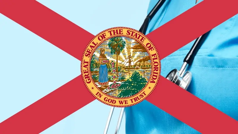 Florida state flag with a healthcare professional, representing health rankings in 2025