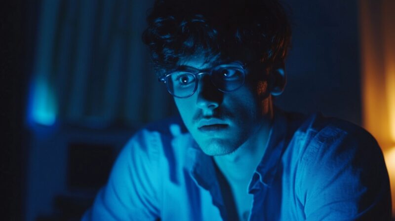 Man in glasses illuminated by blue screen light in a dark room, looking intently ahead