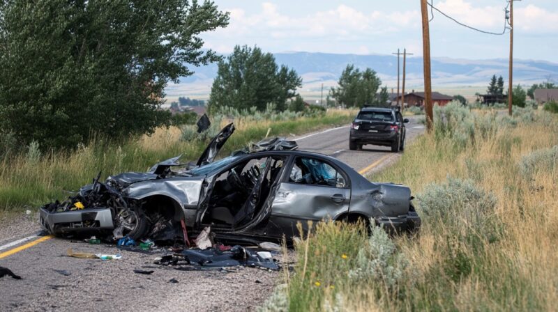 Wrecked car on a rural Wyoming road after a severe collision, with vehicle debris scattered across the road