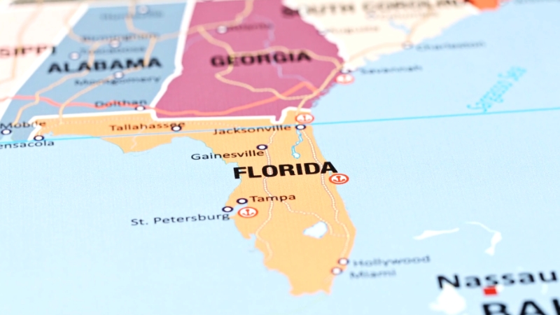 A close-up of a map showing the state of Florida, highlighting its location in the southeastern United States