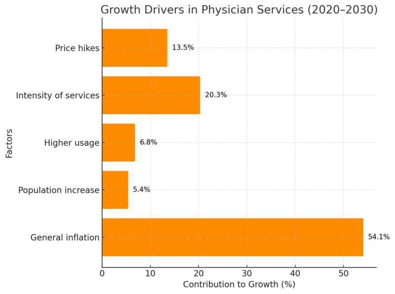 Chart representing the growth drivers in physician services from 2020 to 2030