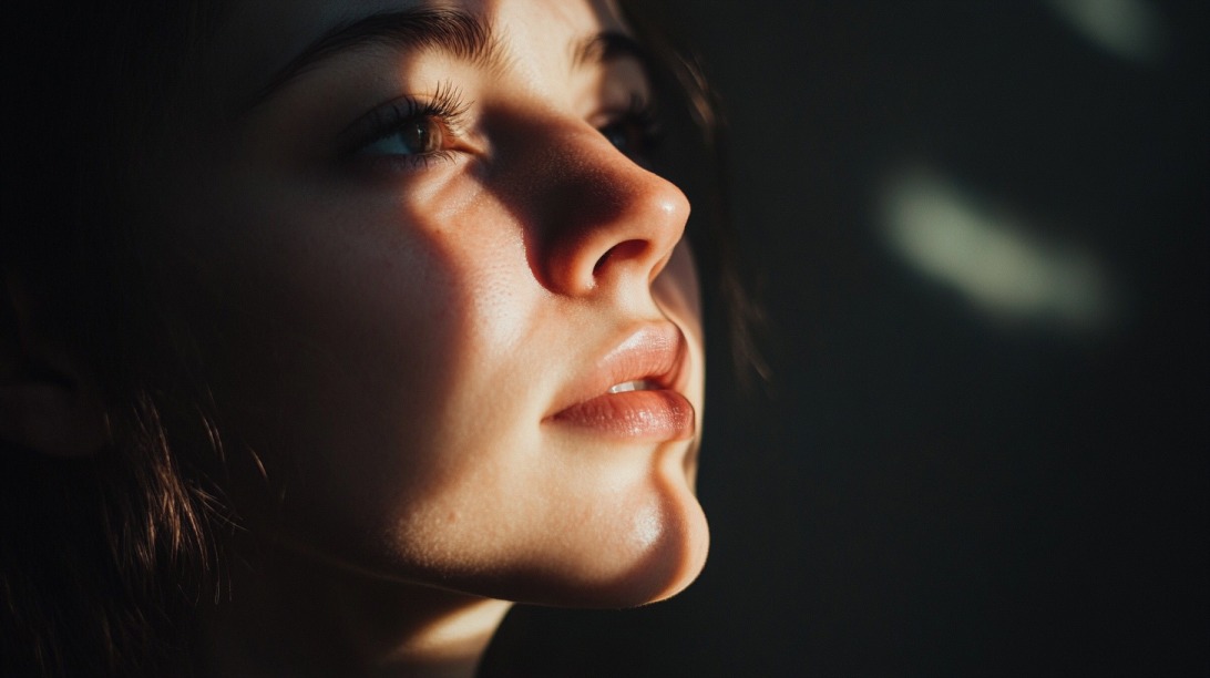 Close-up of a person’s face illuminated by soft natural light, highlighting the eye and skin