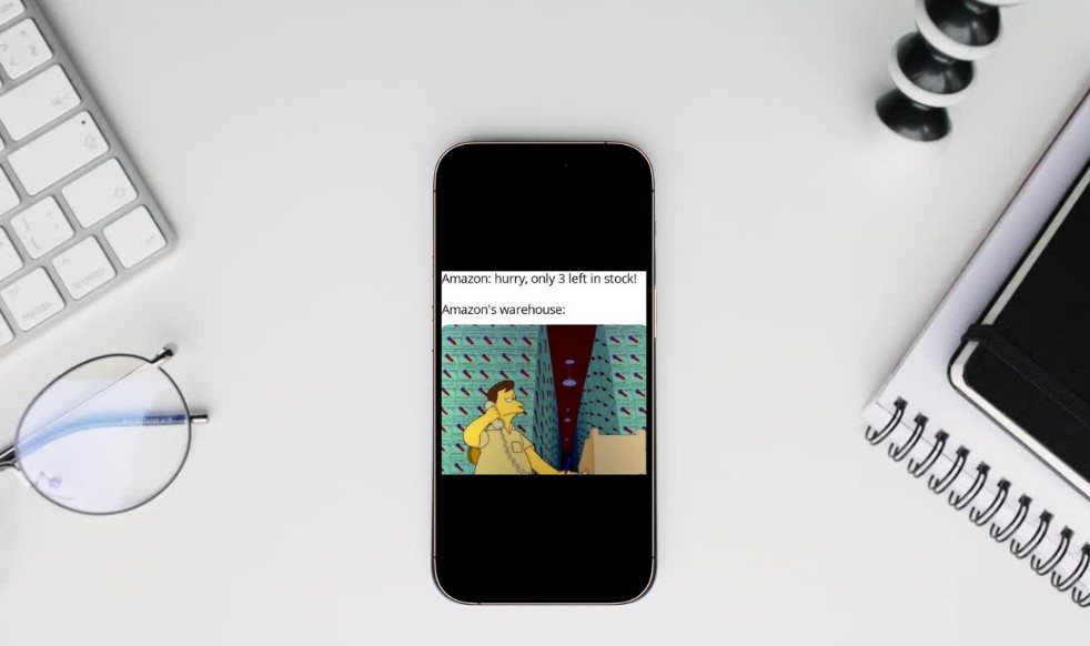 A smartphone displays an Amazon meme, highlighting a limited-stock product