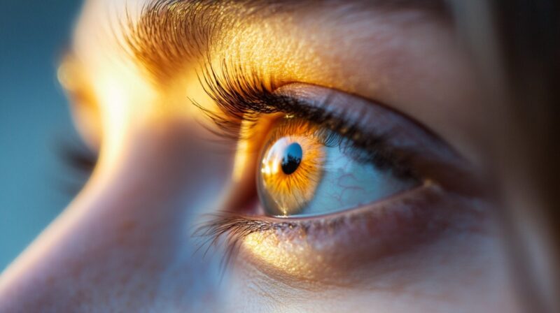 Extreme close-up of an eye reflecting warm sunlight, highlighting the iris and eyelashes