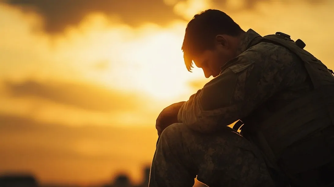 A solemn veteran in military uniform sits with head bowed against a sunset sky, symbolizing emotional struggle and PTSD