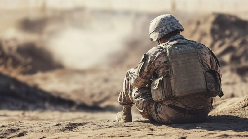 A soldier in uniform sits alone in the desert with head down, reflecting the emotional impact of PTSD among veterans