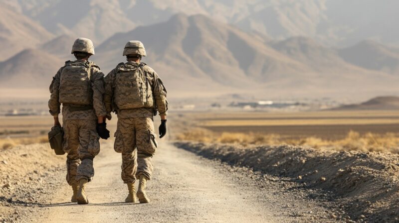 Two soldiers in uniform walking closely together on a desert road, symbolizing support and connection among veterans