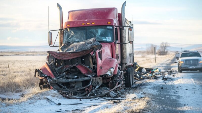 A heavily damaged red semi-truck sits on a snowy roadside after a crash, with debris scattered around