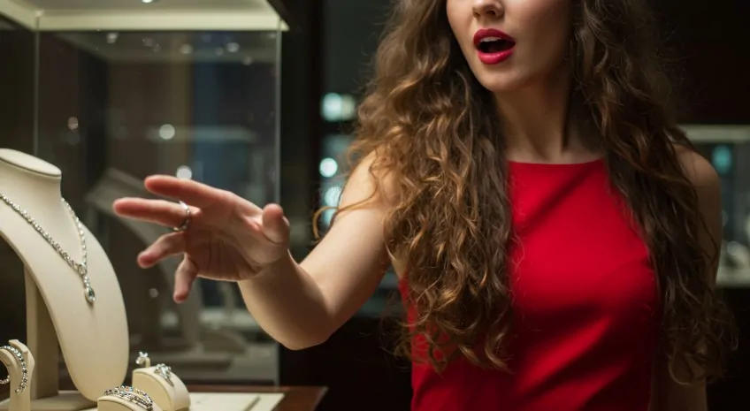 Close-up view of a customer's hand reaching for a piece of jewelry