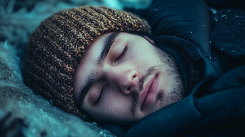 Close-up of a man sleeping outdoors in winter gear, wearing a knit beanie and jacket