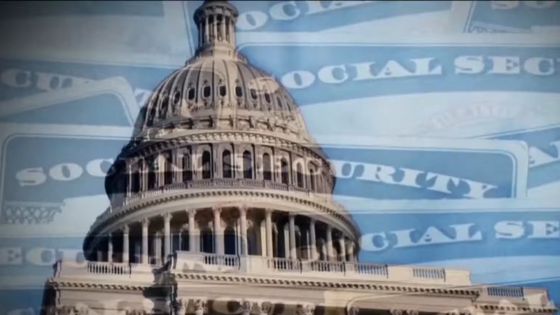 The U.S. Capitol building with a background of Social Security cards