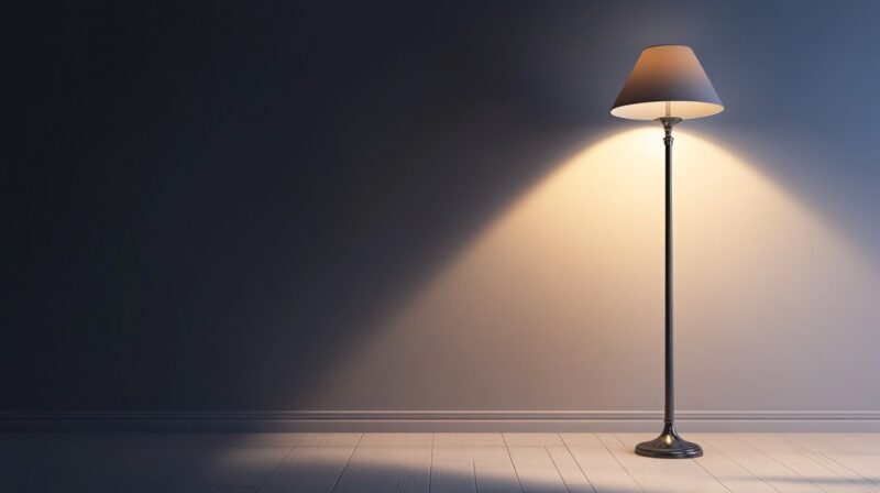 Minimalist floor lamp casting warm light on a wall in a dimly lit room