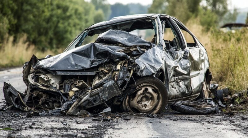 A wrecked passenger car sits on the roadside, mangled from a head-on collision with debris scattered around