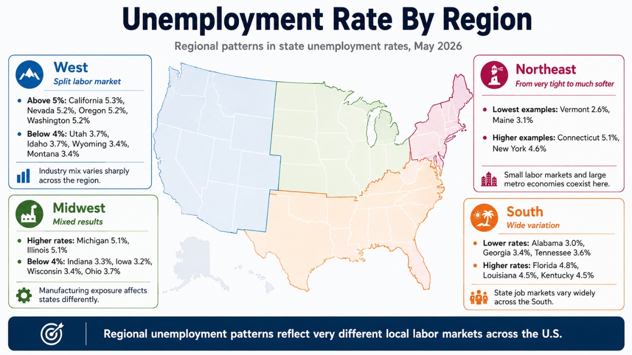 Infographic shows U.S. regional unemployment rate patterns for May 2026