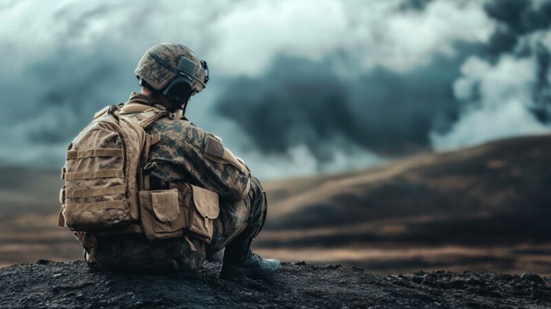 A lone soldier in uniform sits on a ridge under stormy skies, gazing into the distance, symbolizing reflection and emotional struggle