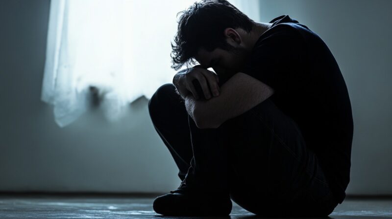 A man sitting alone in a dark room with his head buried in his arms, symbolizing deep emotional pain and isolation