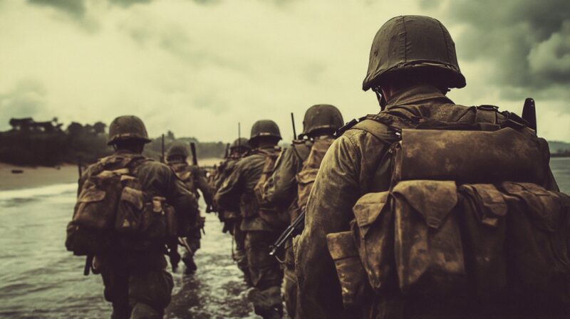 A group of soldiers in full gear walking through water toward land under overcast skies, symbolizing unity and shared struggle