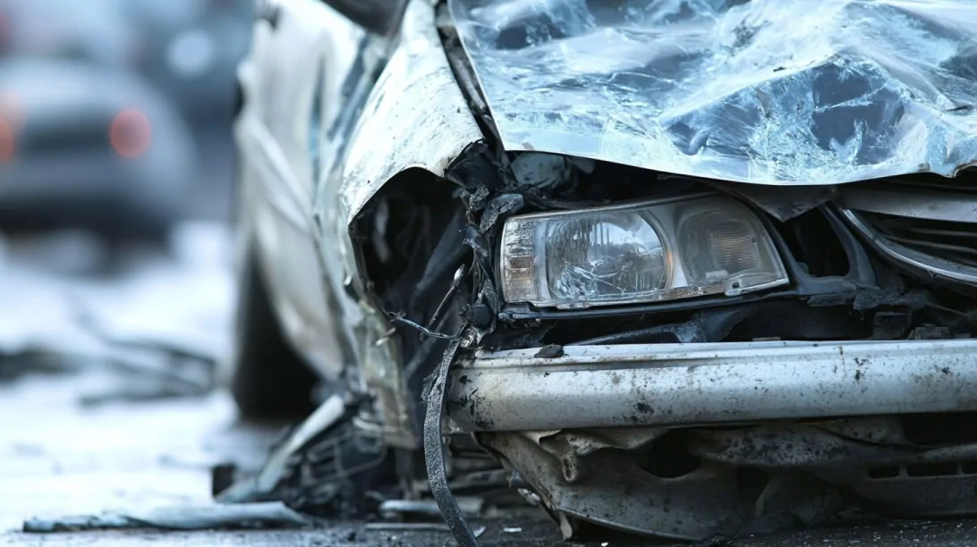 Close-up of a severely damaged car after a crash, with a crumpled hood and broken headlight