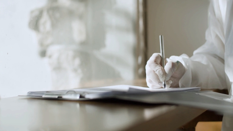Doctor writing notes at a desk, reflecting organized and accessible care in German hospitals