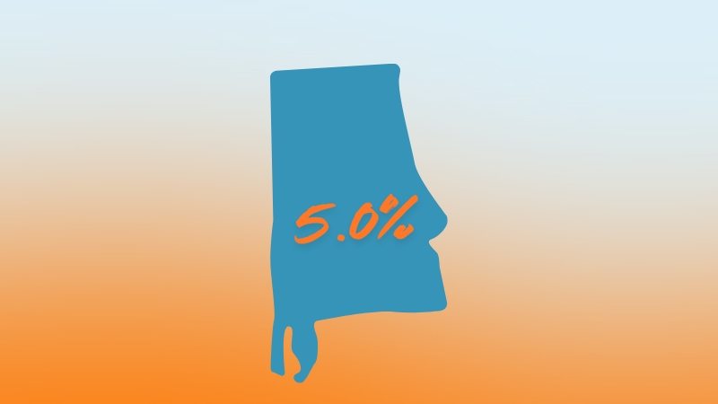 Alabama state outline showing its 2025 progressive Income Tax rate of 5.0% in bold orange text