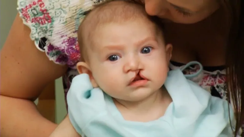 An infant with a visible cleft lip being held by a caregiver, showing a common congenital facial condition